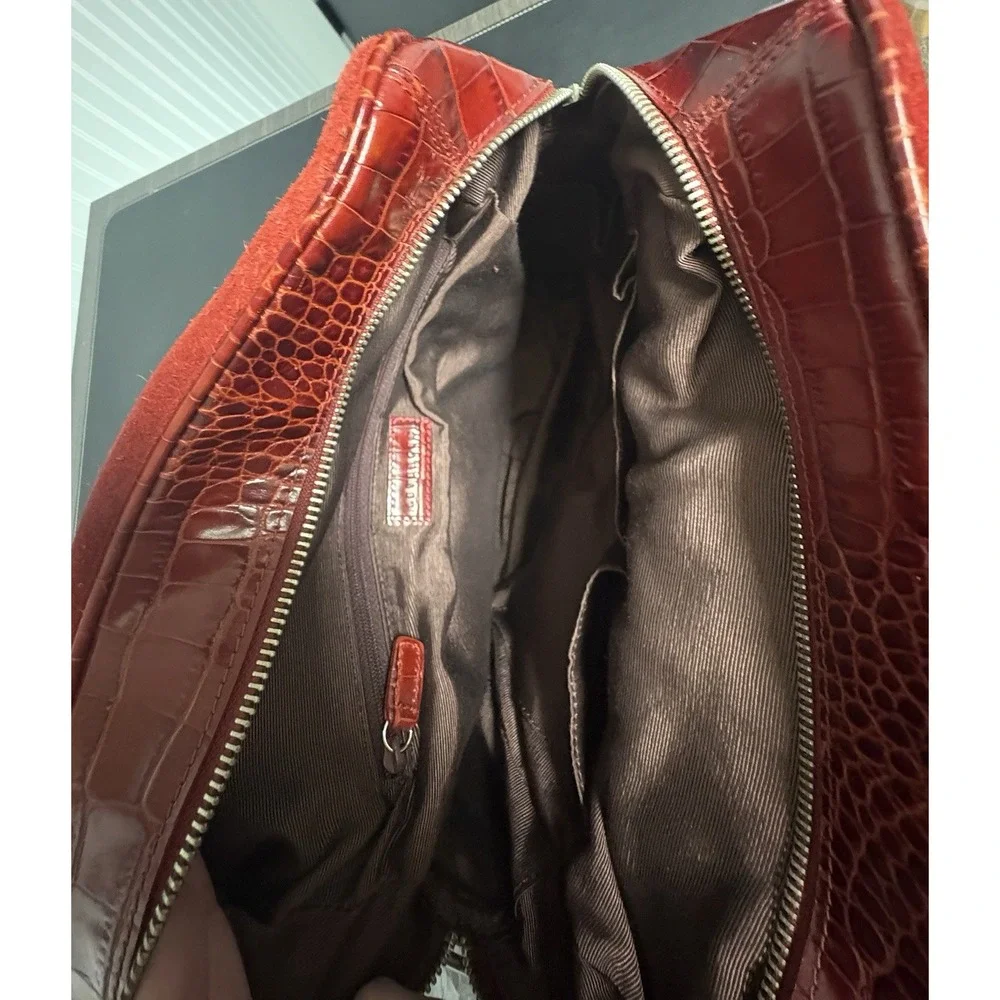 Levenger‎ Suede Leather Shoulder Bag Tote Buckle Red Square Croc Top Zip Purse